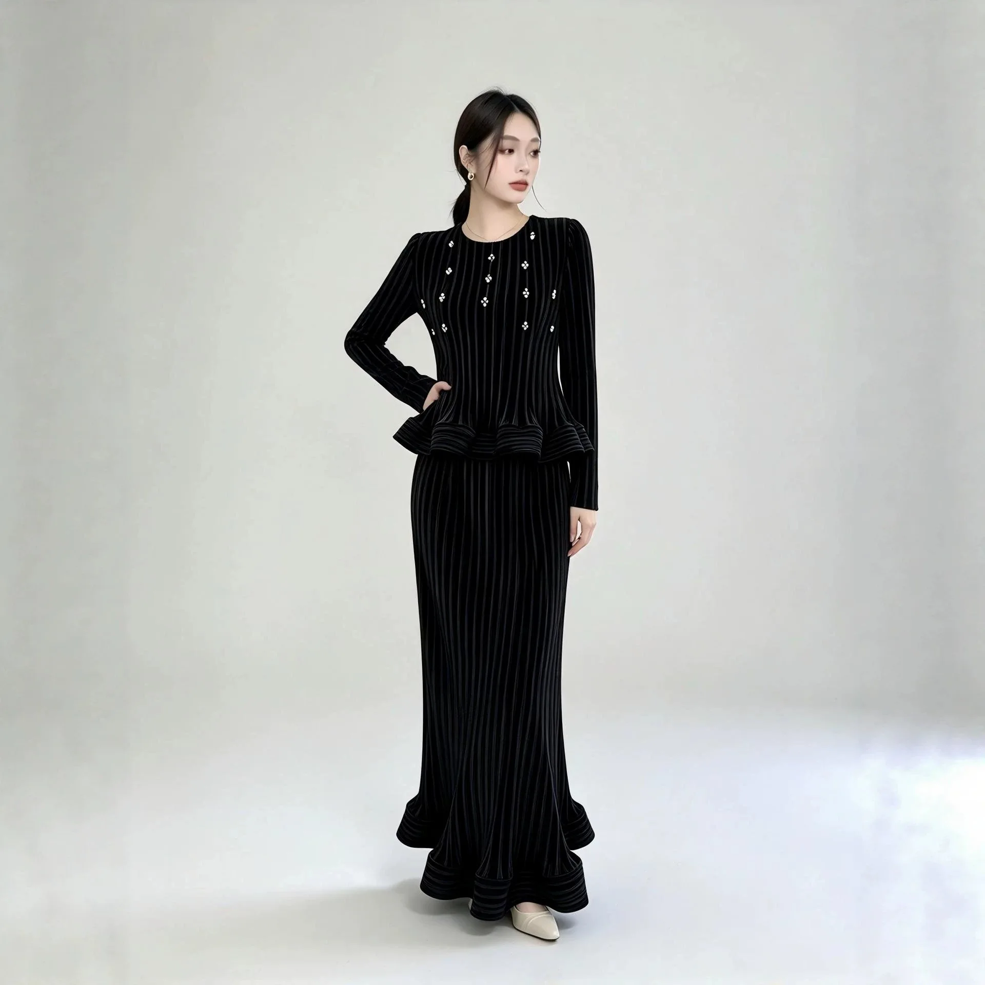 Miyake Women Pleated 2 Piece Set Long Sleeve Rhinestone Peplum Top + Mermaid Maxi Skirt Elegant Formal Party Two Piece Outfit