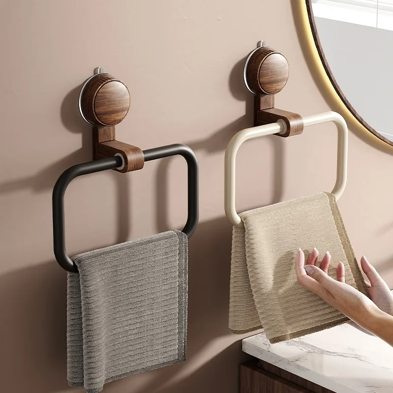 

Towel Rack Vintage Walnut Wood Towel Ring Suction Cup Mount No-Drill Wall-Mounted Bathroom Towel Holder Stainless Steel Frame