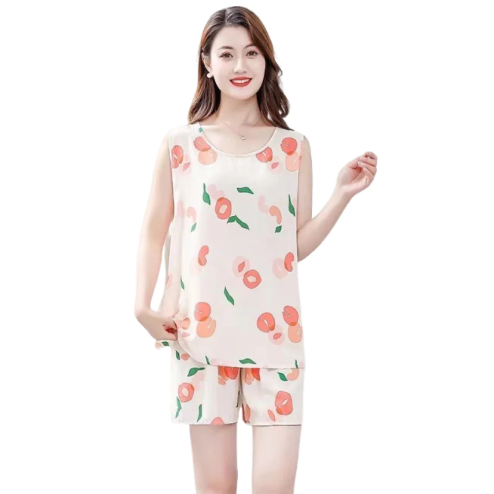 

Home Clothes Cute Woman's Pajamas Set Floral Printed Lattice Floral Sleepwear Loose Cotton Silk Sleeveless Pajamas Girls