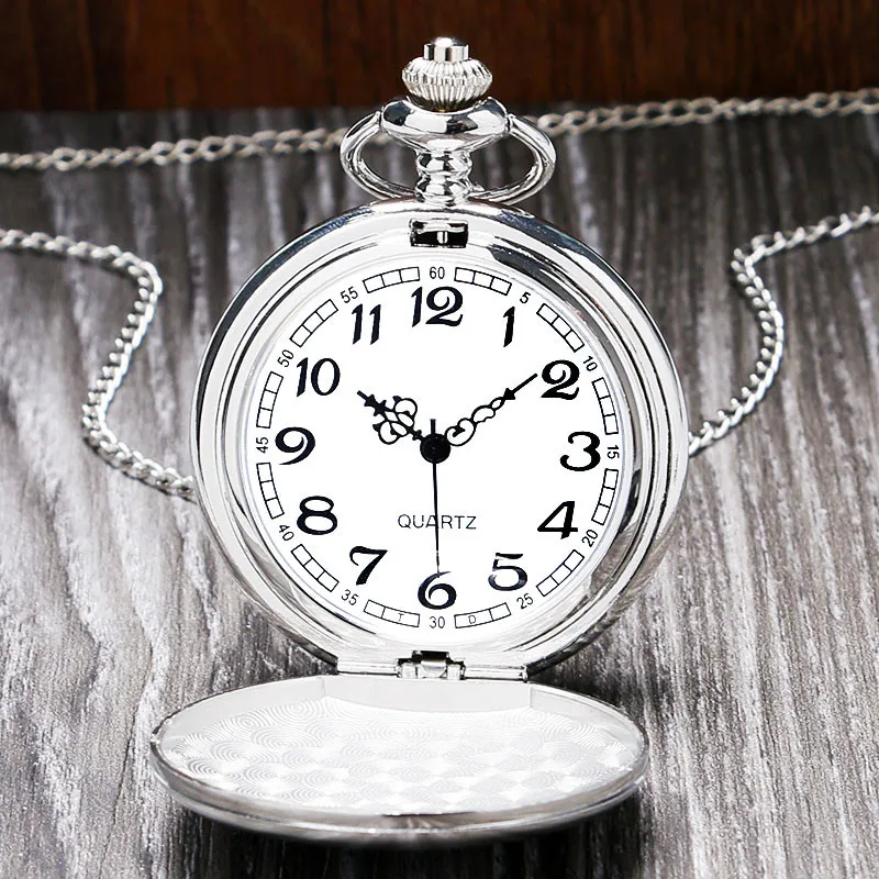 Silver Alloy Case Full Hunter Design Clock Arabic Numeral Display Quartz Pocket Watch for Men Women with Pendant Chain Timepiece