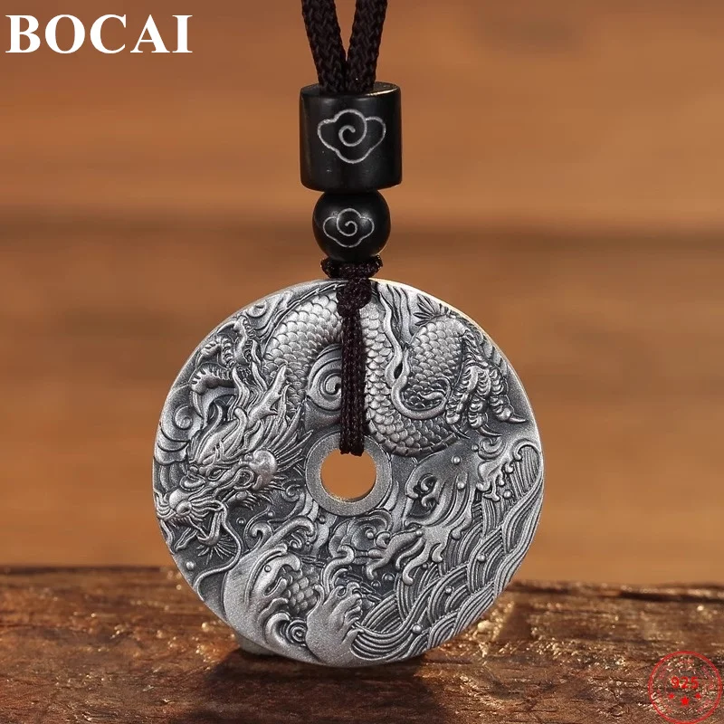 BOCAI S999 Sterling Silver Charms Pendants for Women Men Flying Loong the Eight Diagrams Carp Safety Amulet  Free Shipping