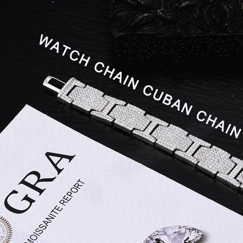 Tuhe alta qualidade unissex vvs1 d cor moissanite relógio corrente cubana pulseira s925 prata para homens hip hop jóias