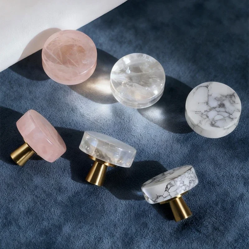 Nordic Style White Single Hole Small Handle Natural Stone Brass Knob Circular Furniture Wine Cabinet Drawer Wardrobe Door Handle