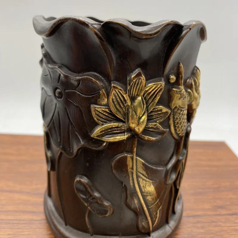 

Collecting Bronze Ornaments: Red Gilt Lotus Carp Copper Pen Holder for Home Decoration and Gifts