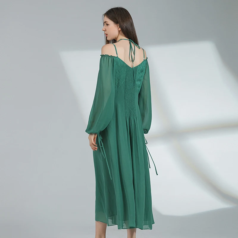 Love Green 22 momme Jacquard Silk Splice Georgi Silk Backless Dresses Women Slash Neck maniche lunghe Sling Long Party Dress AY207