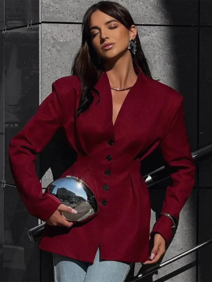 

Parc Fee Winter Slim Red Office Women's Coats Fashion V-Neck Long Sleeve Lady Coat Elegant Classic Solid Top Female Clothing