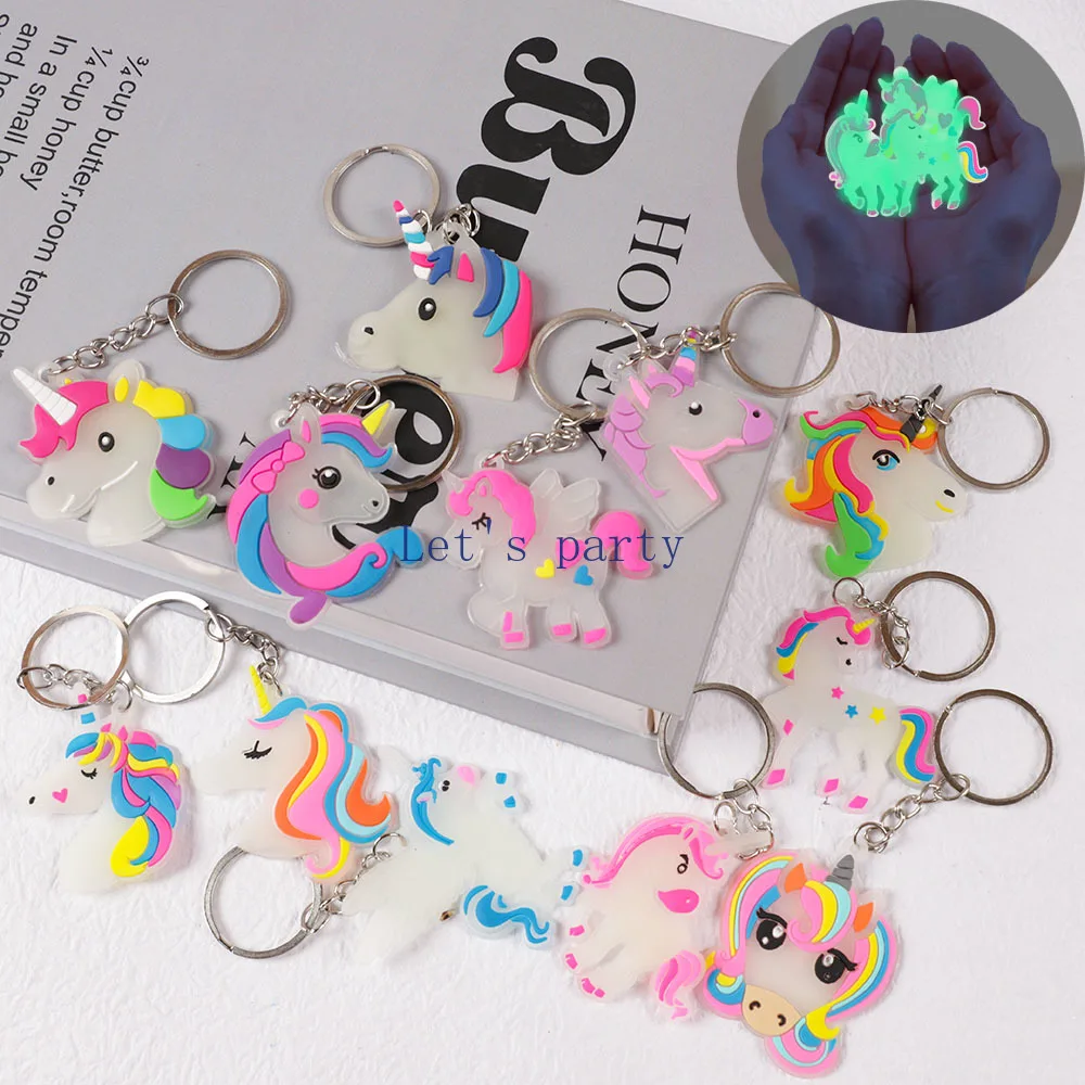 Llaveros de unicornio luminosos de dibujos animados para niños, recuerdos de fiesta de cumpleaños, Baby Shower, recompensas de regreso a la escuela, regalos para invitados de boda, 12 Uds.