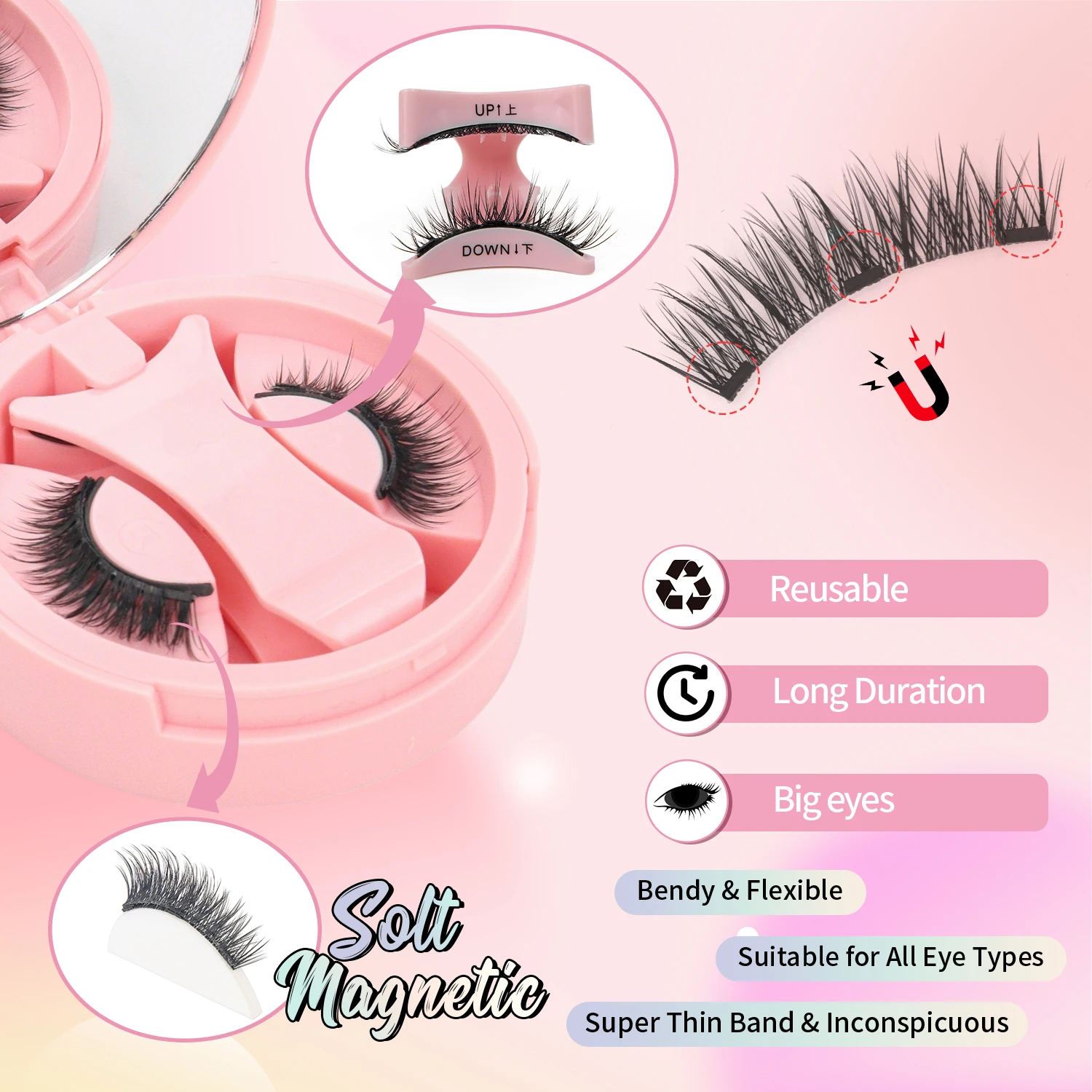 1 Pair of Reusable Magnetic False Eyelashes Set, with Eyelash Curler, Natural Cross Style, Waterproof and Glue-Free, Suitable for Sensitive Eyes