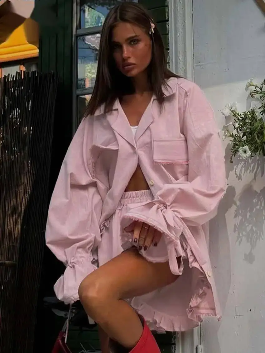 

Elegant Pink Cotton Sets For Women 2 Pieces Fashion Pockets Long Sleeve Lace-Up Shirts And High Waist Ruffled Shorts Sets PZ6A