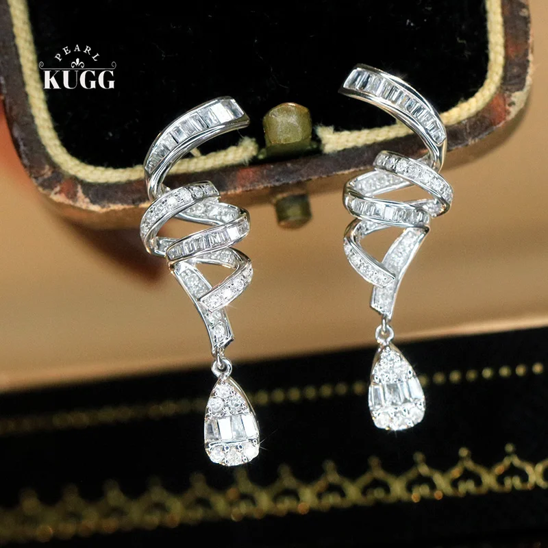 

KUGG 100% 18K White Gold Earrings Elegant Shiny Design 0.60carat Real Natural Diamond Drop Earrings for Women High Party Jewelry