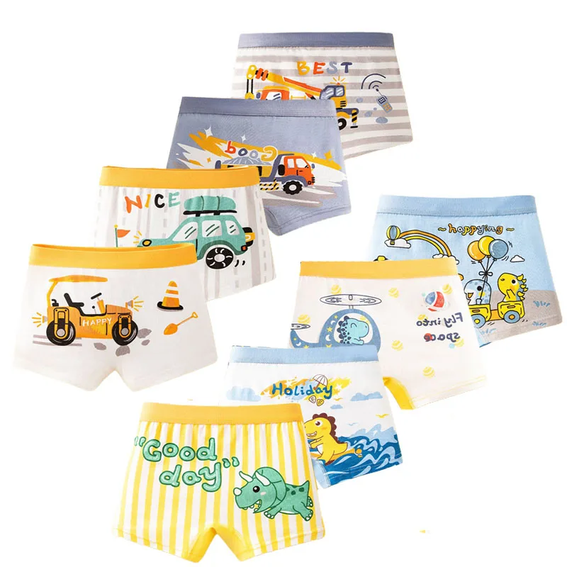 4-Piece Breathable Boy Boxer Brief High Quality Cotton Children Boxers Truck Car Dinosaur Colorful Patterns Kids Trunk Underwear