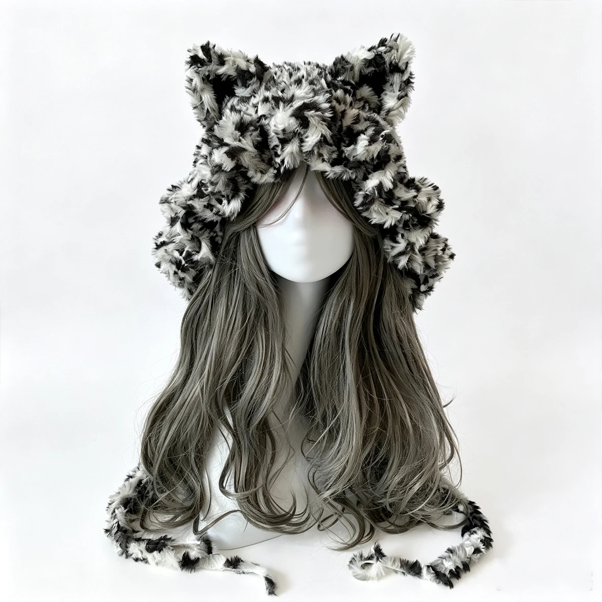 Crochet Handmade Black Grey Cat Ear Hat Men Fluffy Plush Knit Winter Warm Beanie Women Goth Y2K Cosplay Custom Animal Ear Hat