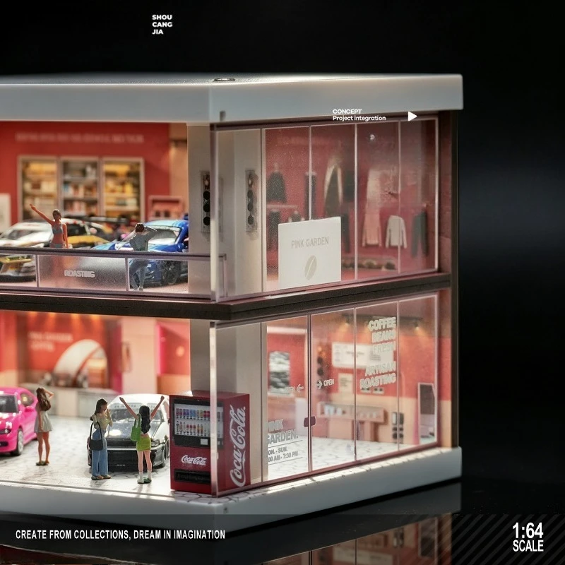 1/64 Coffee Shop Miniature Scene PVC Double-Deck Garage Display Case with LED Light Toy Car Storage Mini Ornament Home Decor
