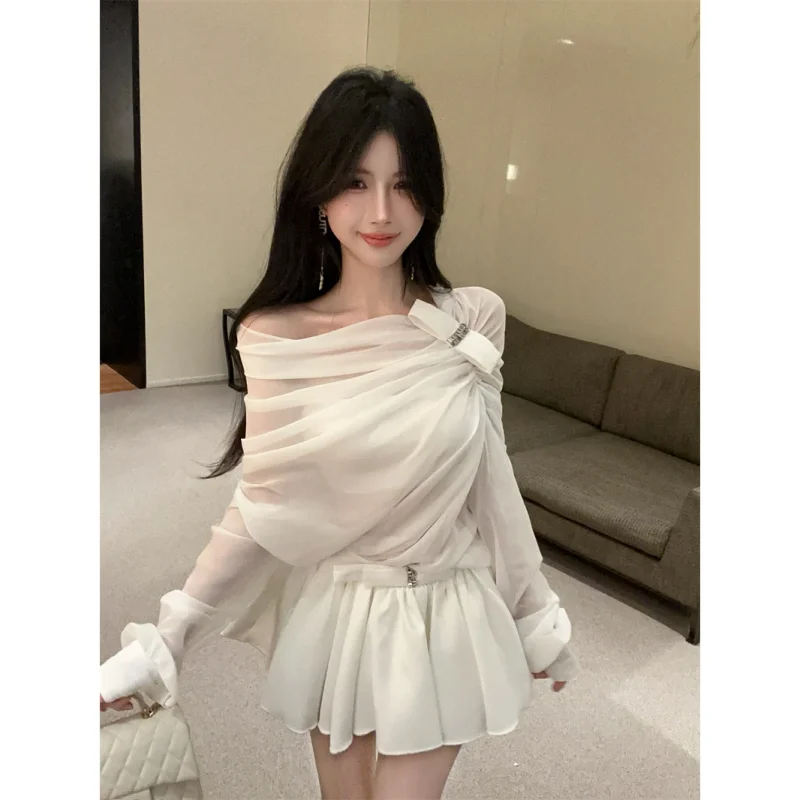 

Pure Desire Heavy Work Sense irt f Transparent Pleated Chiffon Top High Waist Skirt Set Women's Spring Fashion Skirt
