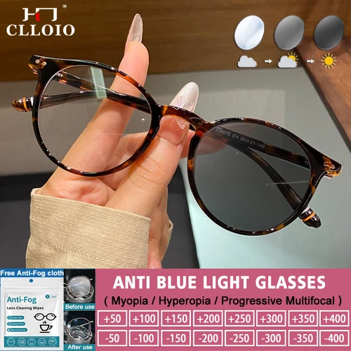 Imagen 1 del producto CLLOIO, gafas de lectura redondas pequeñas y ligeras, gafas fotocromáticas graduadas de alta calidad para mujer, gafas antiluz azul