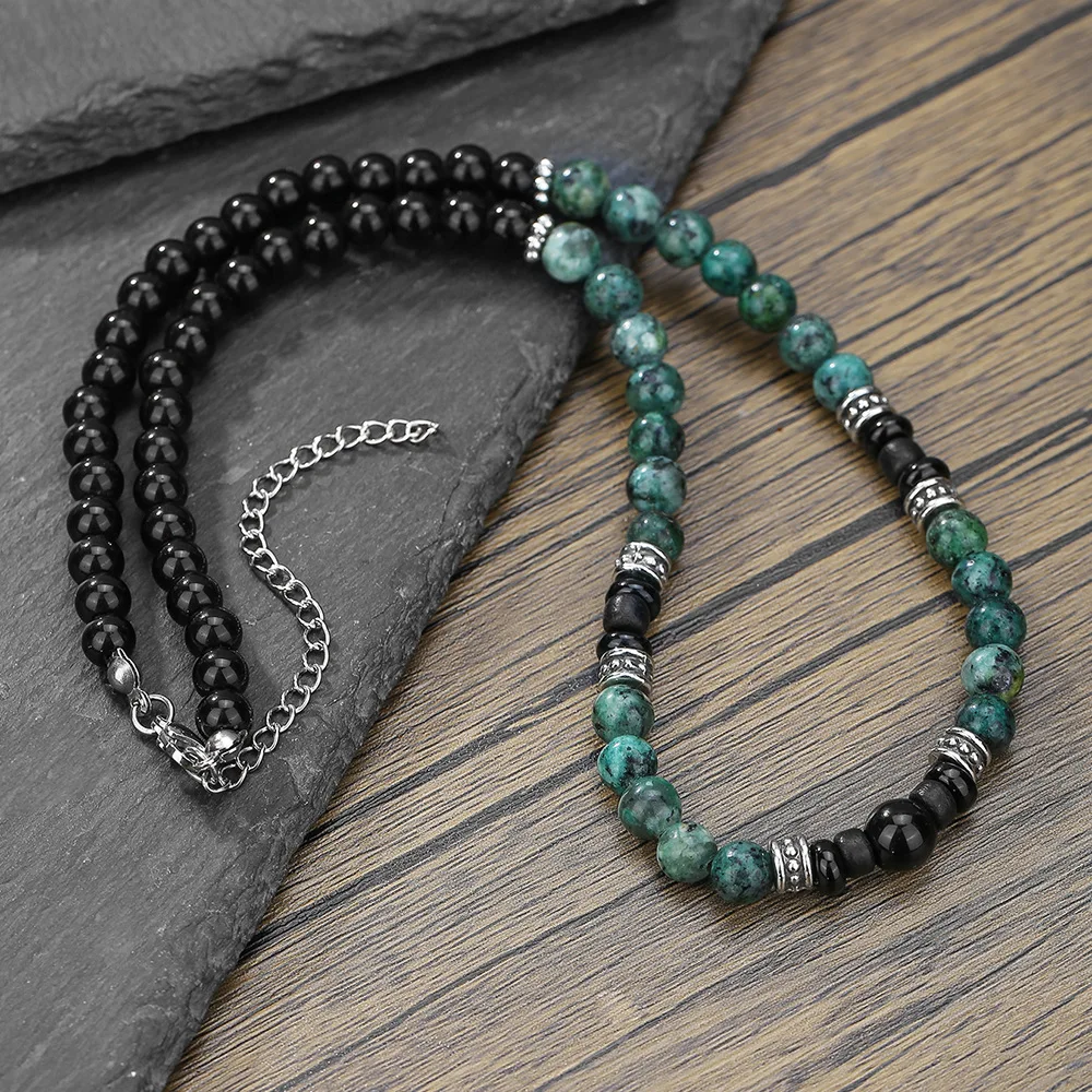 1PC Man's Retro Ethnic Style Natural Flash Stone Necklace for Men Black Beaded Surfer Necklace Man Jewelry Collar Hombre