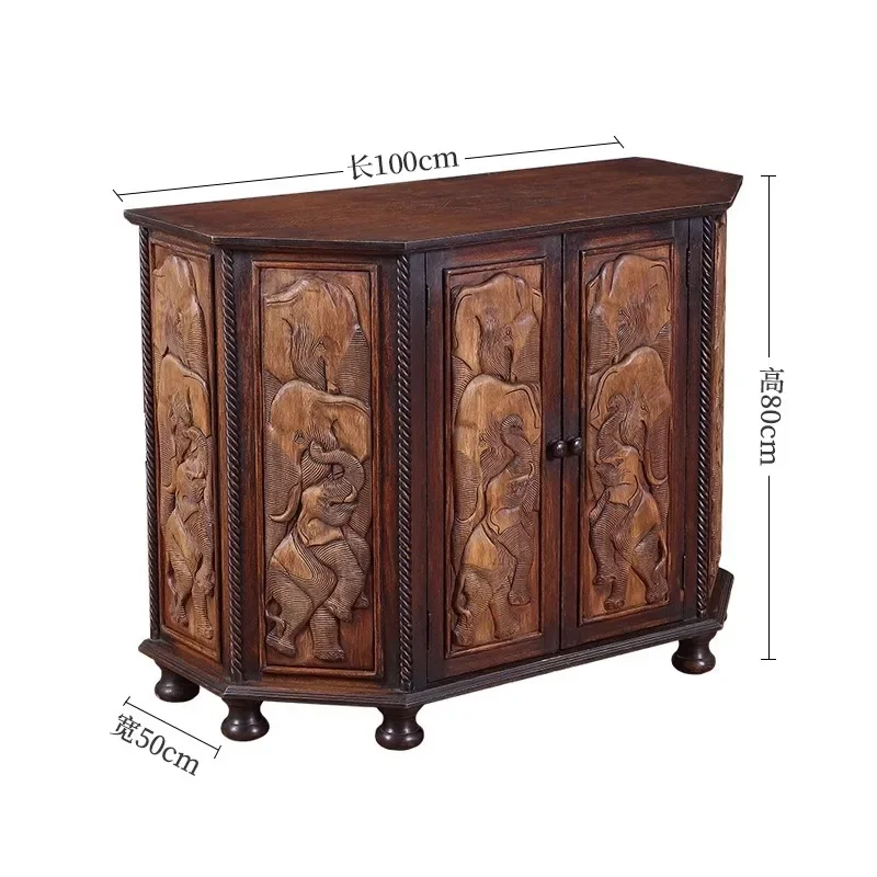 Thai Elephant Embossed Teak Cabinet Entrance Cabinet South East Asia Style Solid Wood Furniture Decorative Storage Cabinet