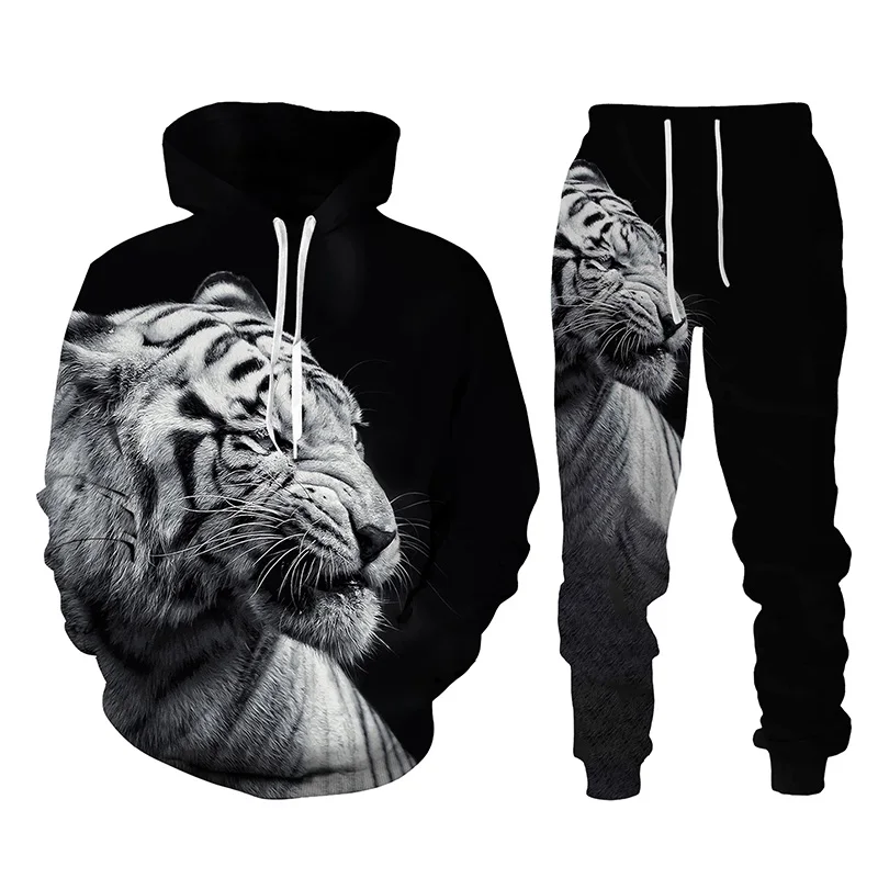 Black and White  The Tiger 3D Printed Men's Sweatshirt Hoodies Set Men's Lion Tracksuit/Pullover/Pants Sportswear Autumn Winter