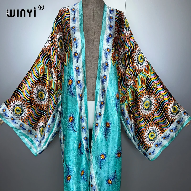 WINYI แอฟริกา boho พิมพ์ชุดกิโมโนชุดยาวผู้หญิงมุสลิม Cardigans ชุดชายหาด kaftan beach cover up party dress maxi coat