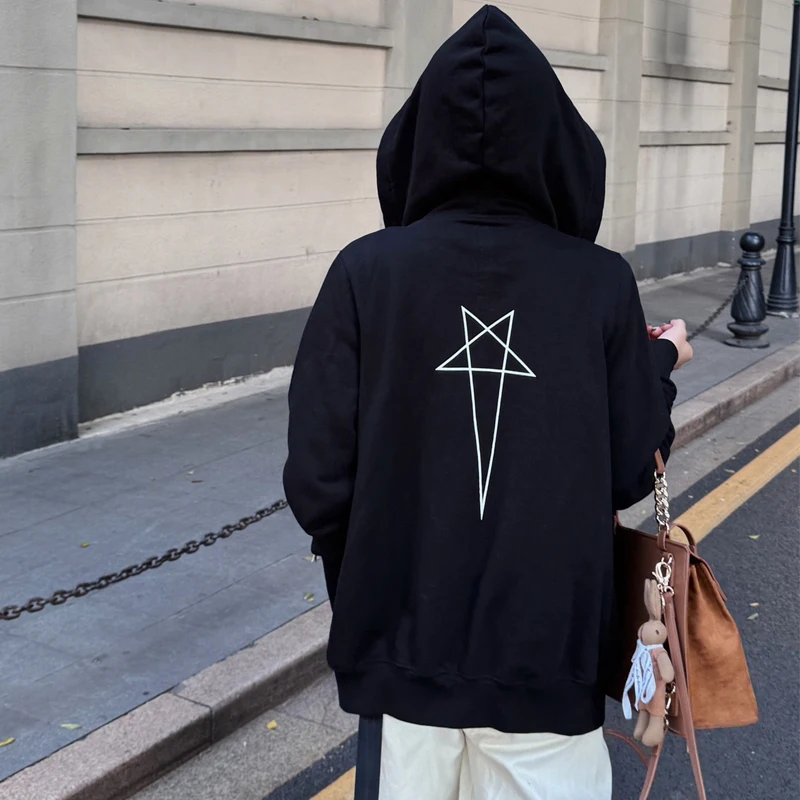 Men's Hoodies Fashion Pentagram Print Sweatshirts Cotton Hooded Sweatshirts Zippers Streetwear Men's Clothing