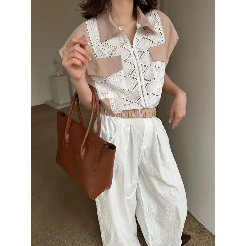 Korean Style Zipper Shirt Women's Sleeveless Summer New Hollow out Embroidery Lace Slimming Hollow Collar Top Fashionable