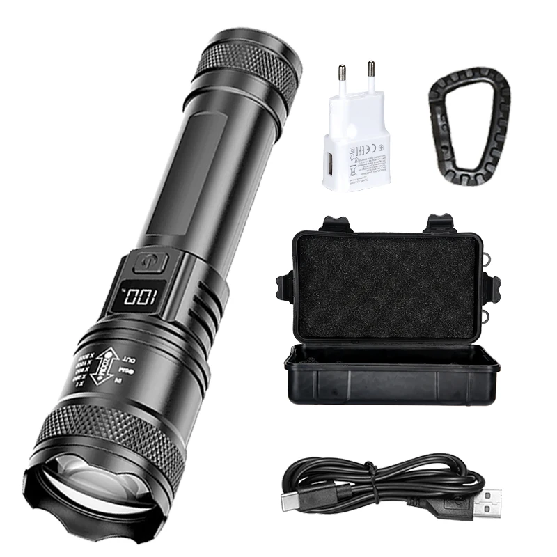 Oplaadbare LED-zaklamp Zoombare zaklamp met LCD-scherm 3-modi Waterdicht Krachtig handlicht Outdoor Wilderness Camping
