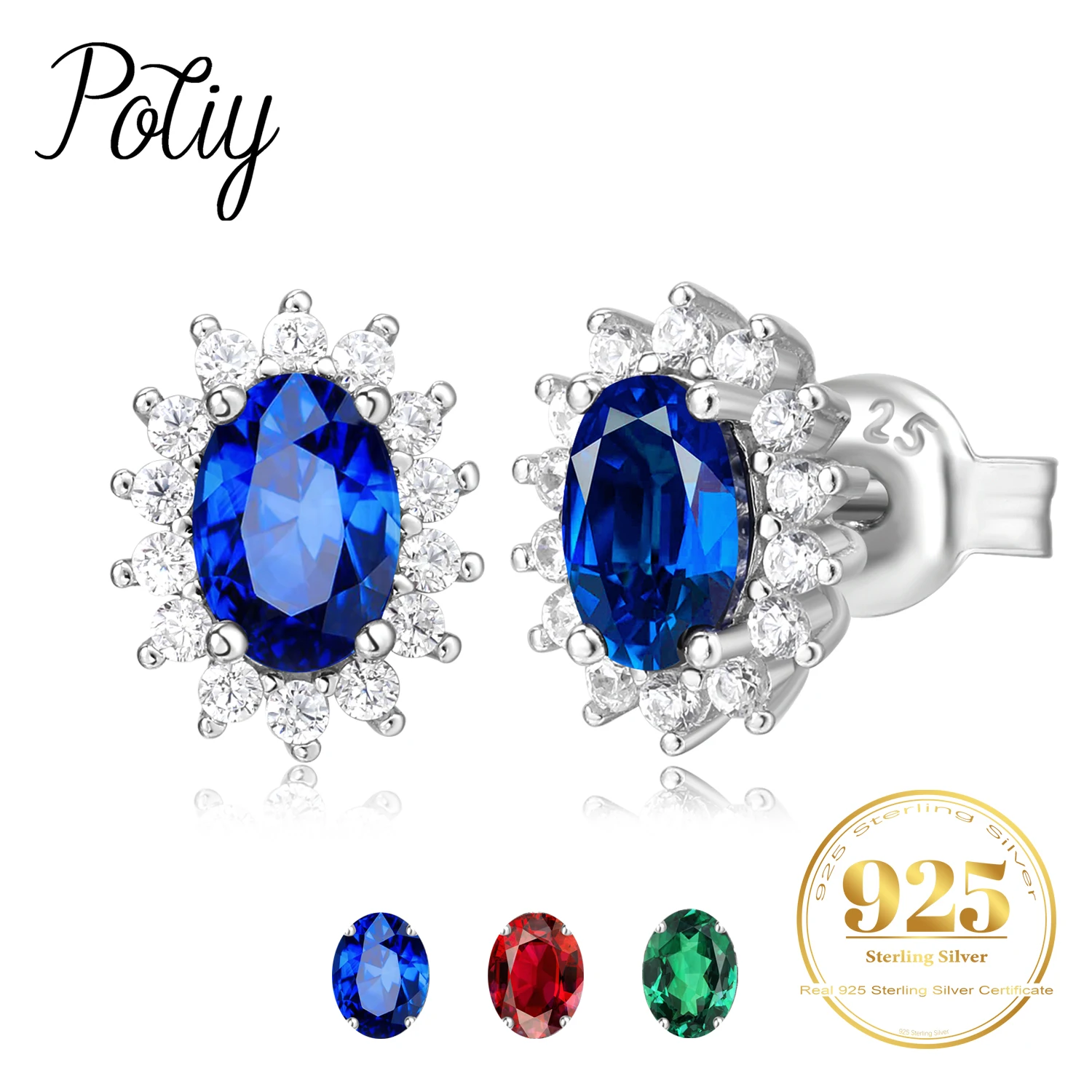 Kolczyki sztyfty Potiy Oval Total 1.5ct Sztuczny Szafir Rubin Nano Szmaragd Diana Srebro Próby 925 Damska Biżuteria Ślubna na Przyjęcia