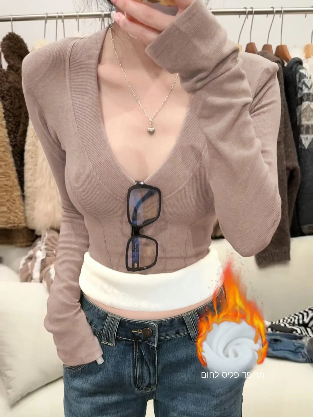 

Thickened Fleece Long Sleeve V-Neck Women's Thermal T-Shirt Slim Fit Base Layer Shirt Inner Wear Warm Dervo Top