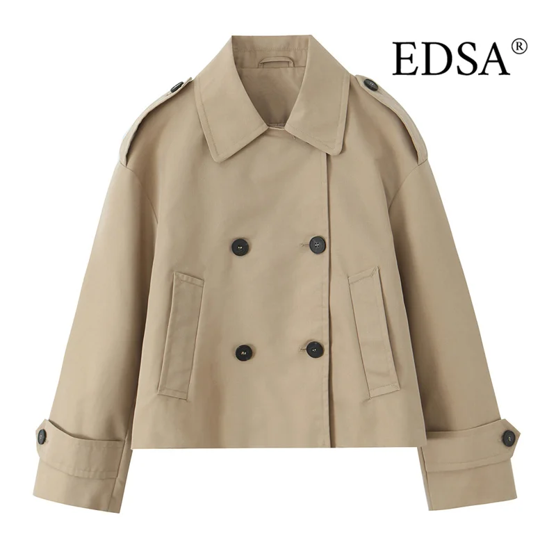 

EDSA Women Double Breasted Cropped Trench Jacket Long Sleeves for Female Autumn Winter Outerwear