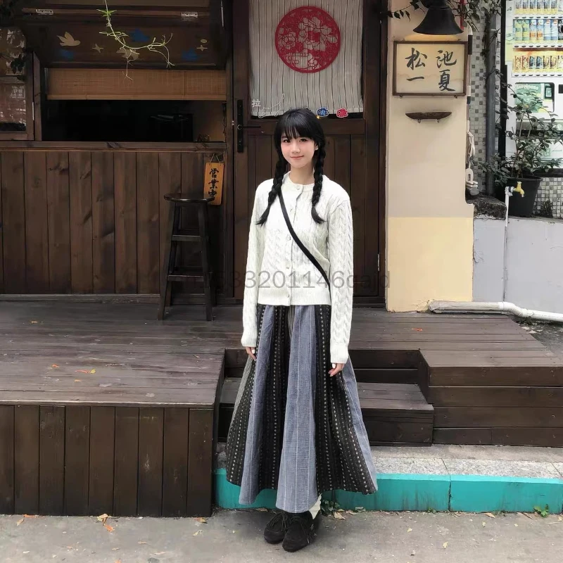 Multi Striped Floral Patchwork A-line Long Skirt for Women in Autumn, Stylish and Elastic Waist, Slimming Half Length Skirt