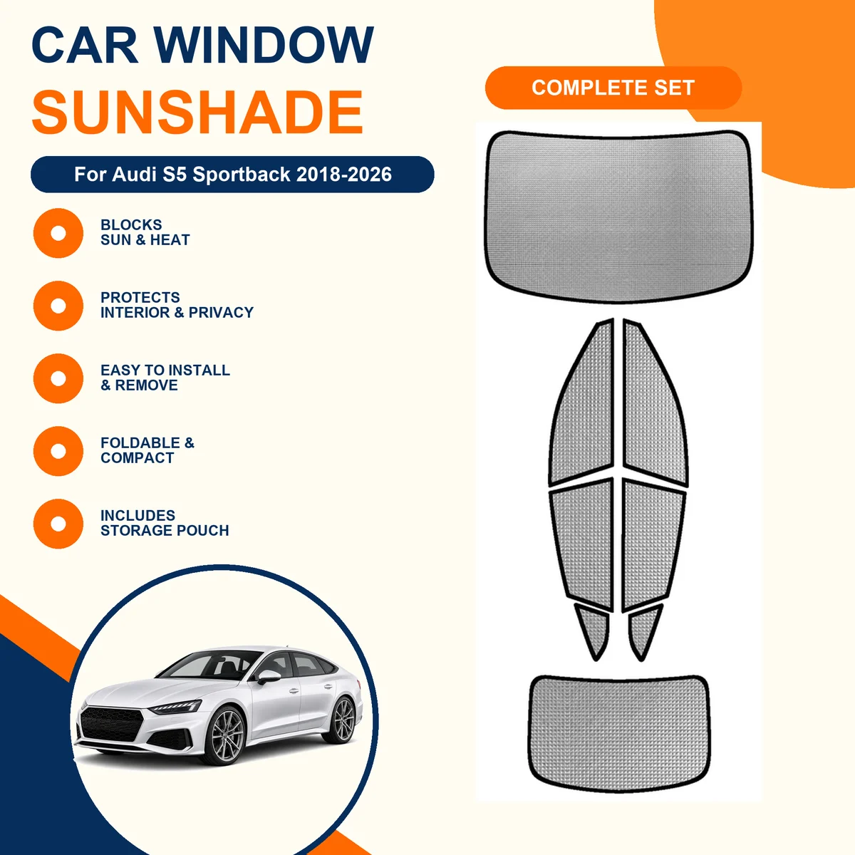 For Audi S5 Sportback 2018-2026 Custom Full Set Window Sunshades Aluminum Foil Suction Cup Anti UV Privacy