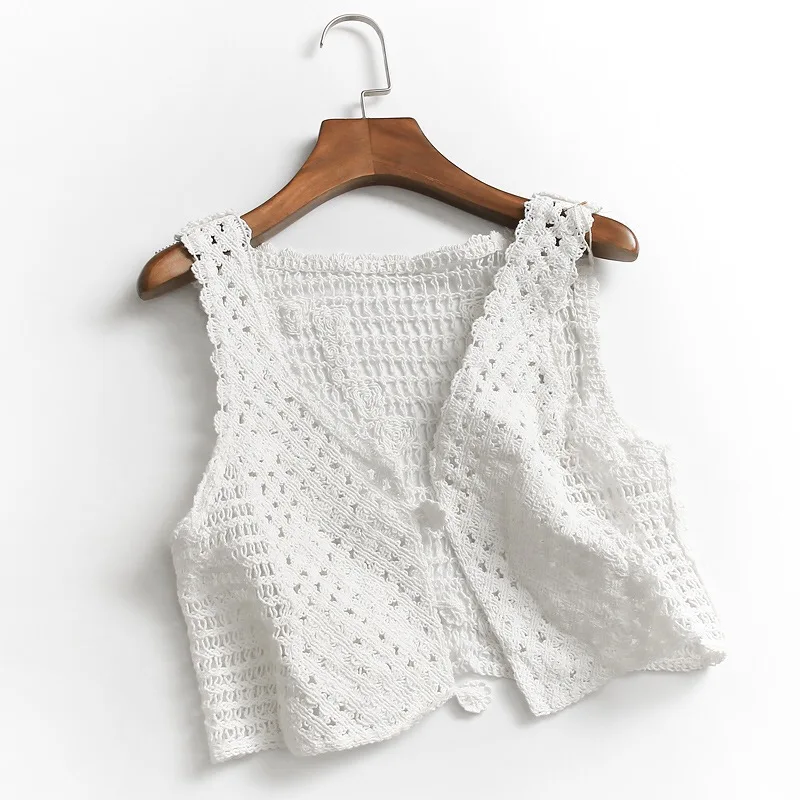 Crochet Vest Women Sheer Open-knit Button Front Sleeveless Crop Top Beach Cover-Up Spring Summer 2026 Vacation Gypsy Boho