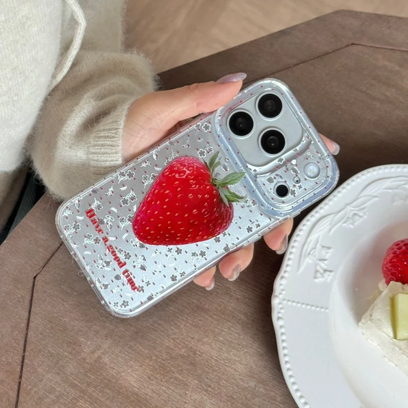 

Fashion Silver Little Flower Strawberry Phone Case For Apple iPhone 17 Pro 16 14 15 Pro Max Protective Cover Shockproof Cute Cas