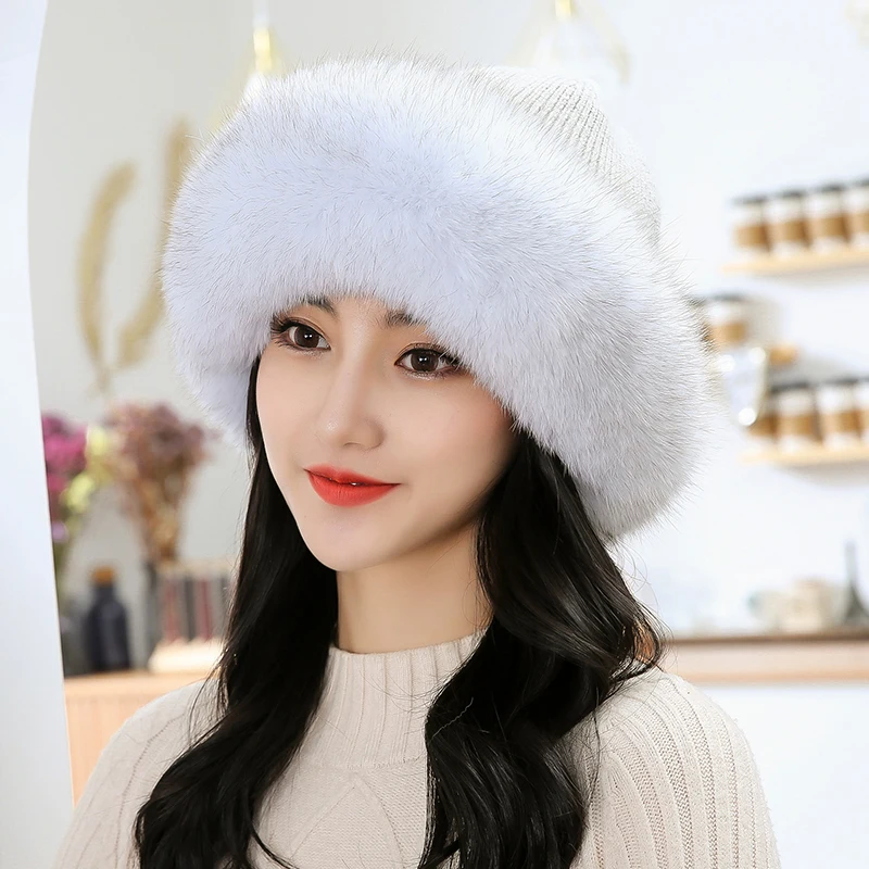 Winter Real Fur Hats Women Natural Fox Fur Fuffy Warm Fashion Stylish Fedoras Knitted Fox fur hat Girl Fox Fur Caps