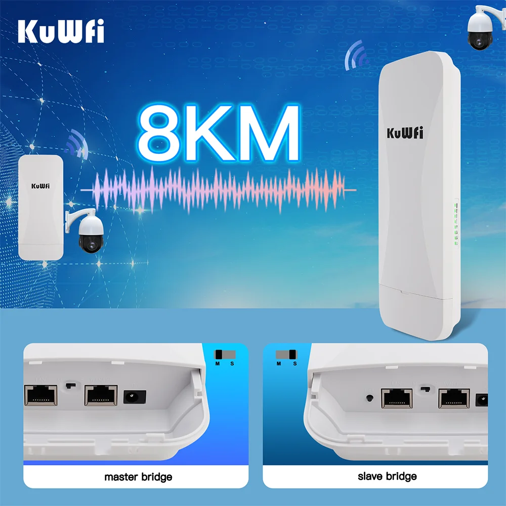 KuWFi 900Mbps 5GHz CPE Bridge Wireless WiFi Signal Amplifier Built-in 18dBi Panel Antenna AP Repeater PTP Up to 8KM Gigabit Port