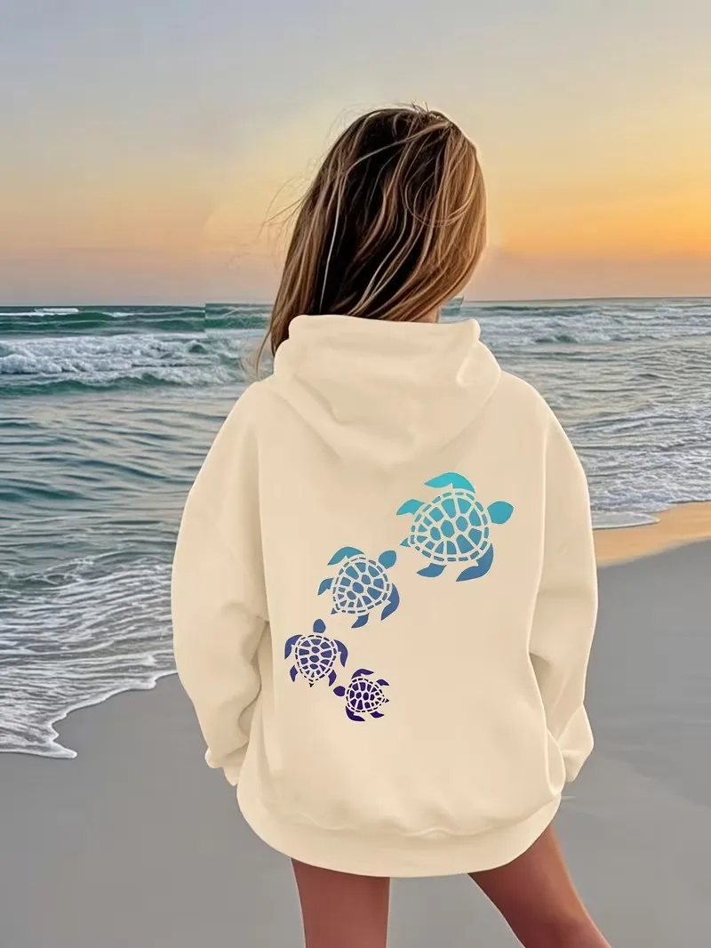 Niedlicher Kapuzenpullover mit bunten Meeresschildkröten für Kinder, Mädchen, Kinder-Sweatshirt, süßer Grafik-Hoodie für Jungen, Herbst und Winter, lässige Hoodies – Detail 3