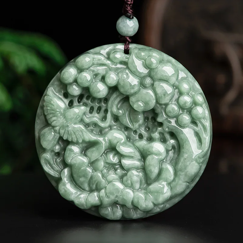 

MaiChuang/ Hand Carved/ Jade Magpie with Peony Emerald Necklace Pendant Fashion Elegant Personality Jewelry MenWomen Couple Gift