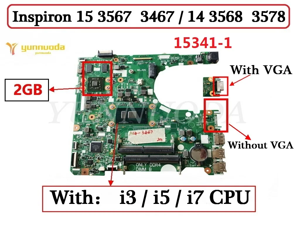 15341-1สำหรับ Dell Inspiron 15 3567 3467 14 3468 3568แล็ปท็อปเมนบอร์ด I3 I5 I7 CPU 2GB GPU 100% ทดสอบ