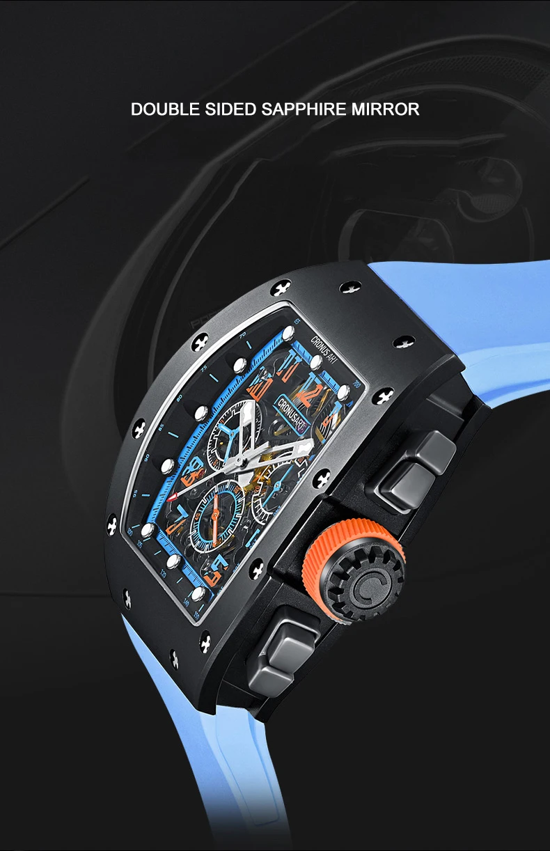 CRONUSART Men Automatic Watch Chronograph Luxury Tonneau Mechanical Wristwatch Skeleton Dial Luminous Fluororubber Strap