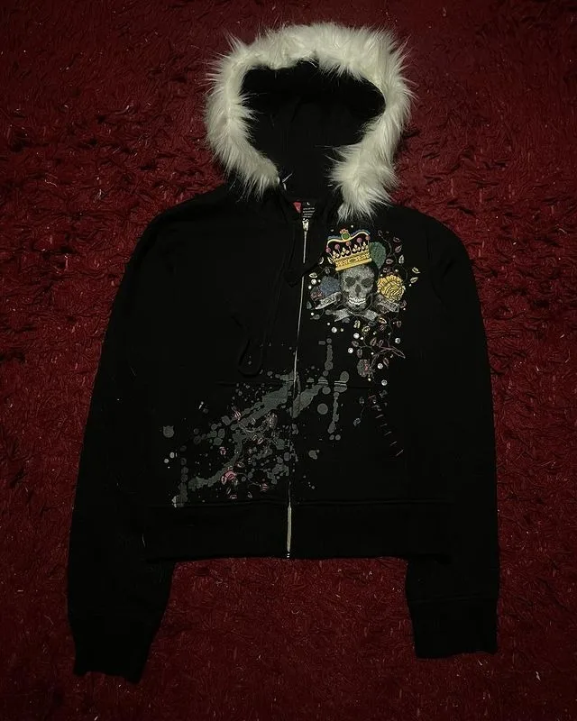 Y2k Subculture Skull Print Fur Collar Slim Fit Hoodie Aesthetic Zip Up Sweatshirts Gothic Fashion Tops Winter Clothes Women