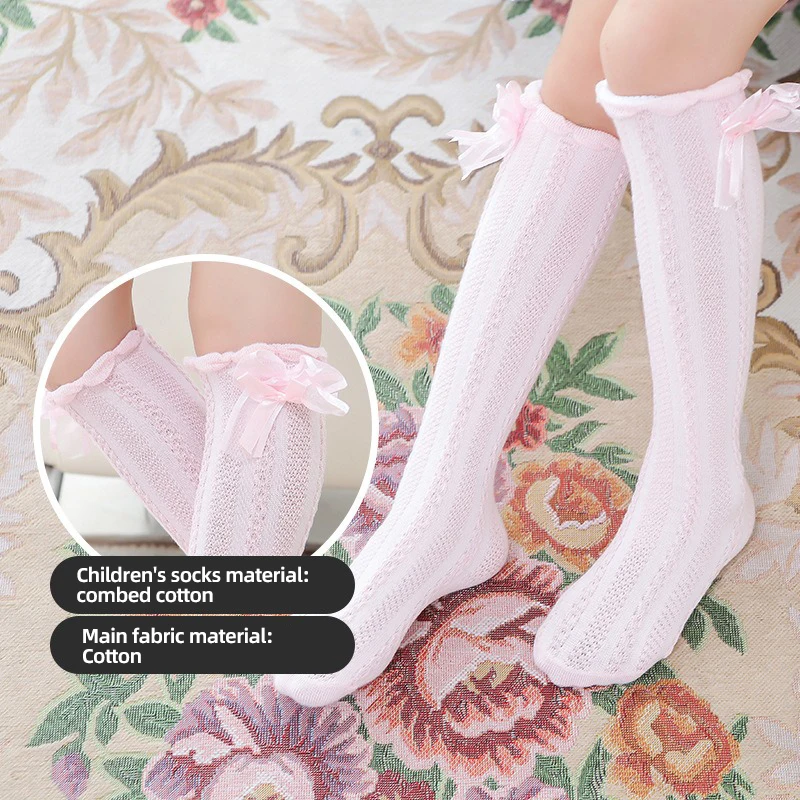 Children's Bowknot Anti-Mosquito Socks For Girls Soft Cotton Long-tube Socks Petal Edge Solid Color Mesh Breathable Stocking