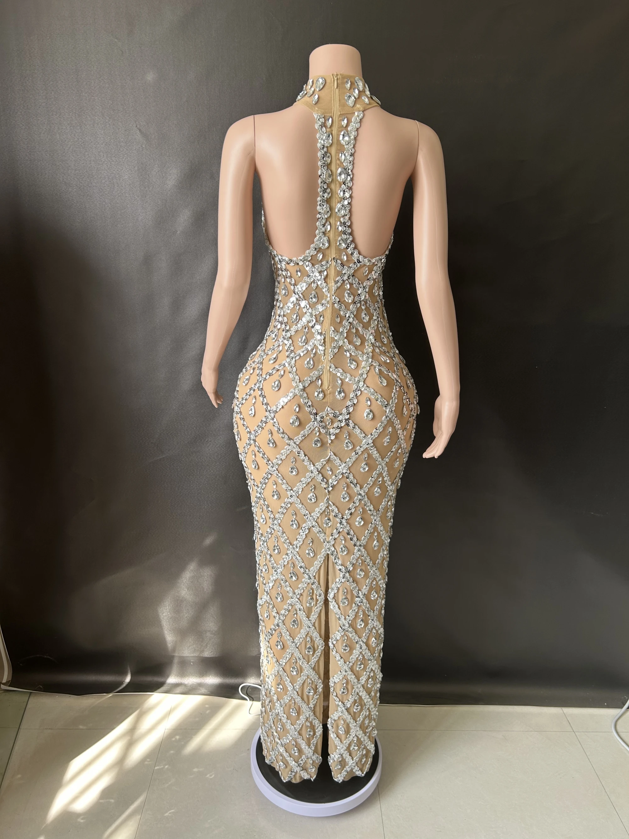 Women Sexy Stage Shining Rhinestone Sequins Dress Evening Prom Birthday Dress Transparent Performance Singer Club Host Dress 7G