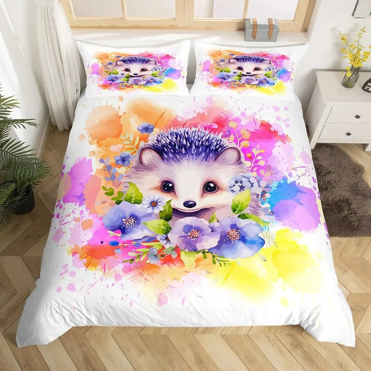 Cartoon Hedgehog Duvet Cover Queen Watercolor Tie-dye Boho Bedding Set,Wild Animals Flowers Comforter Cover Floral Quilt Cover