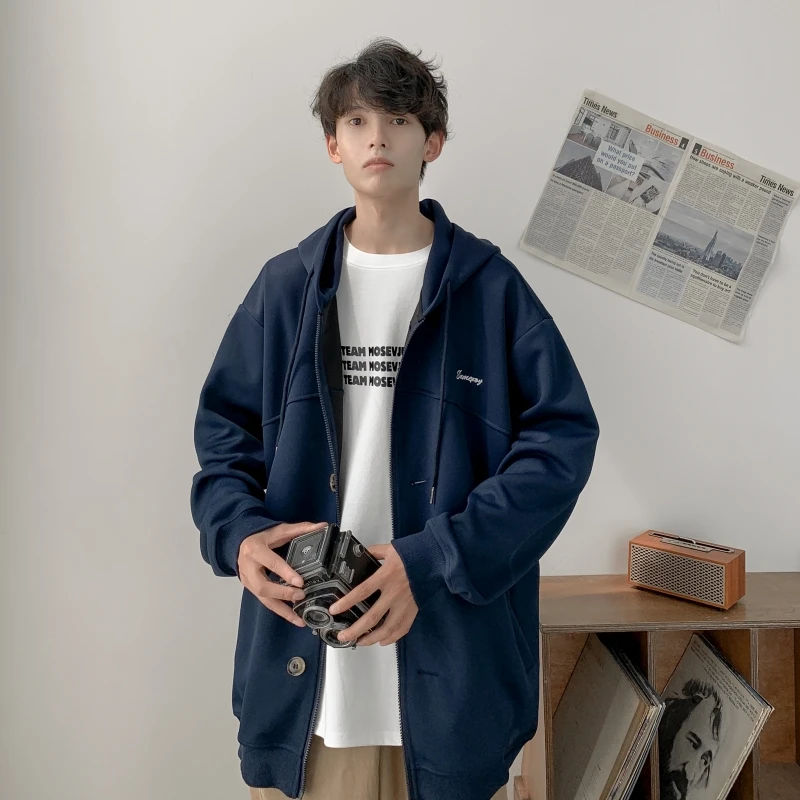 

Мужской свободный повседневный кардиган-худи на молнии, весна-осень, новый, в американском ретро-стиле, синий, удобный дизайн