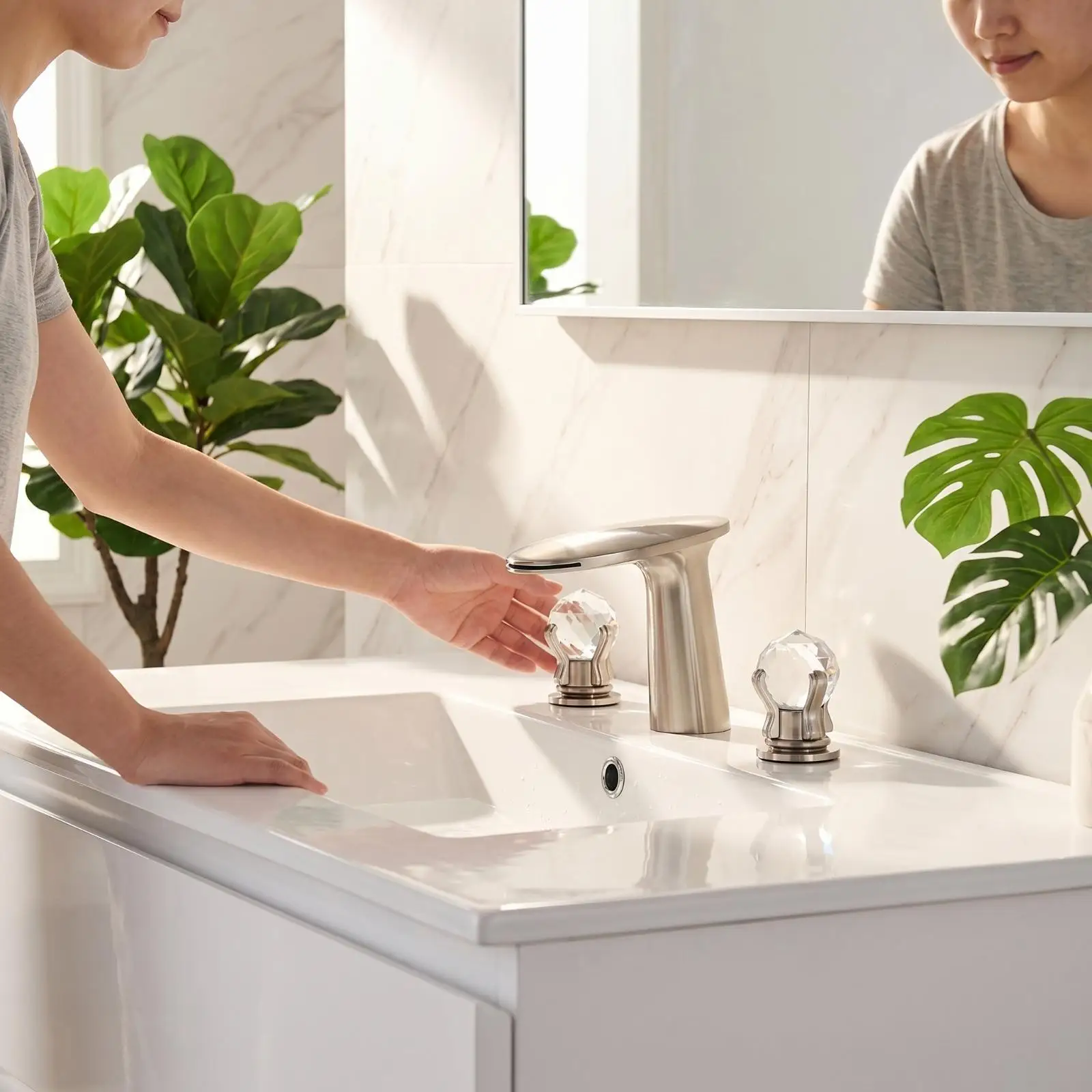 Modern Gold Copper Basin Faucet with Crystal Knobs Three Hole Deck Mounted Waterfall Stream for Bathroom Vanity Sink