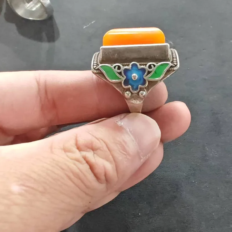 Unisex Vintage Orange Cabochon Ring Colorful Enamel Flower Leaf Inlay Metal Boho Antique Statement Finger Decor Ornament 5