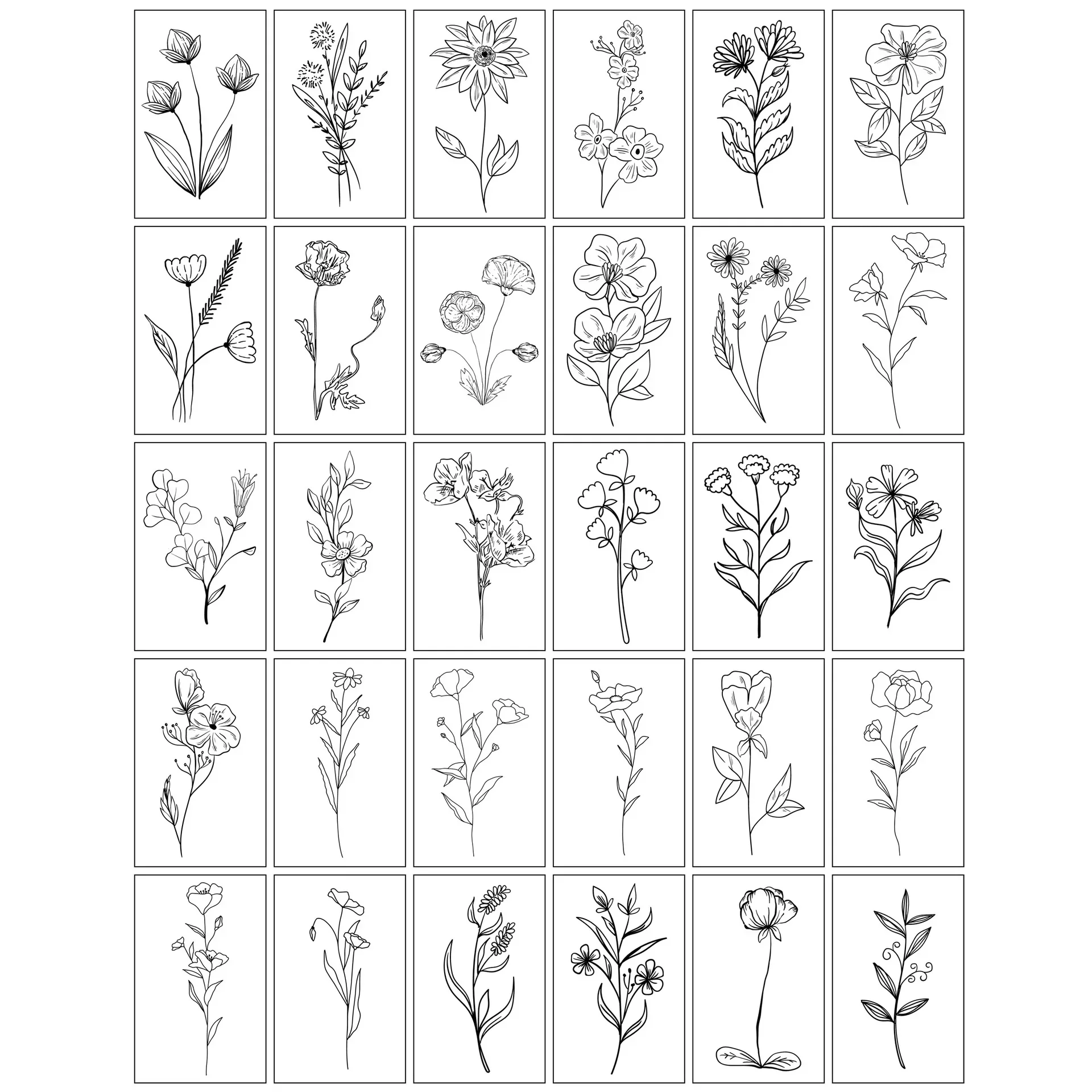 30pcs Flowers Temporary Tattoo Adhesive for Women Girls Hand Wrist Neck Thigh Botanical Leaf Line Painting Floret Fake Tattoos