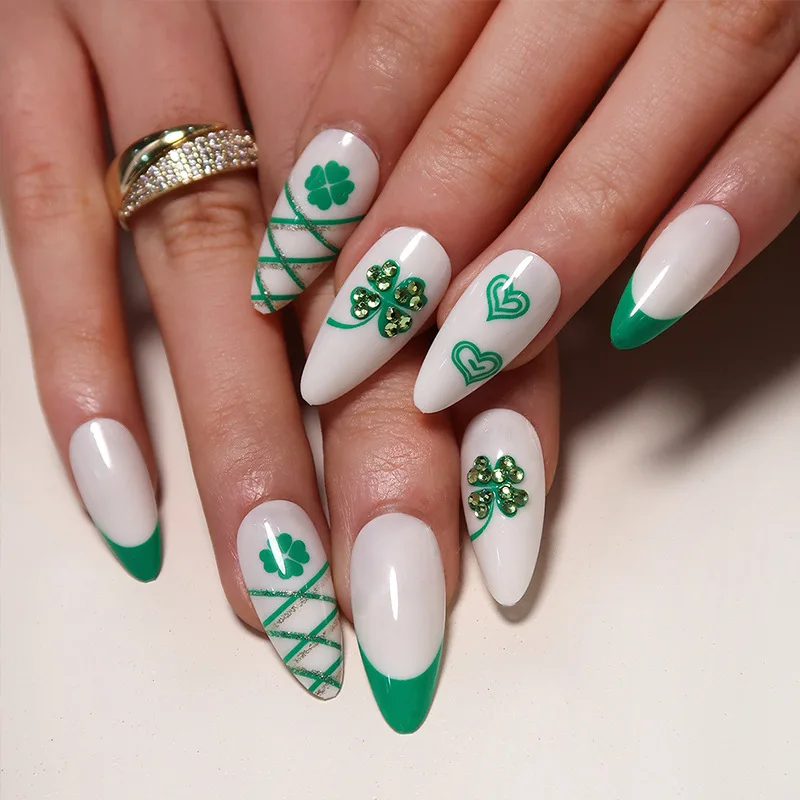 

3D fake nails set press on faux ongles short french almond tips St. Patrick's Day green flowers with diamond designs false nail