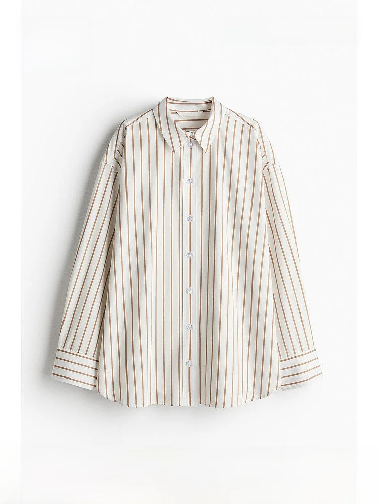 

H&M Women's Loose Fit Long Sleeve Shirt Comfortable Striped Turn-down Collar Mid-length Fashionable Summer Casual Cotton