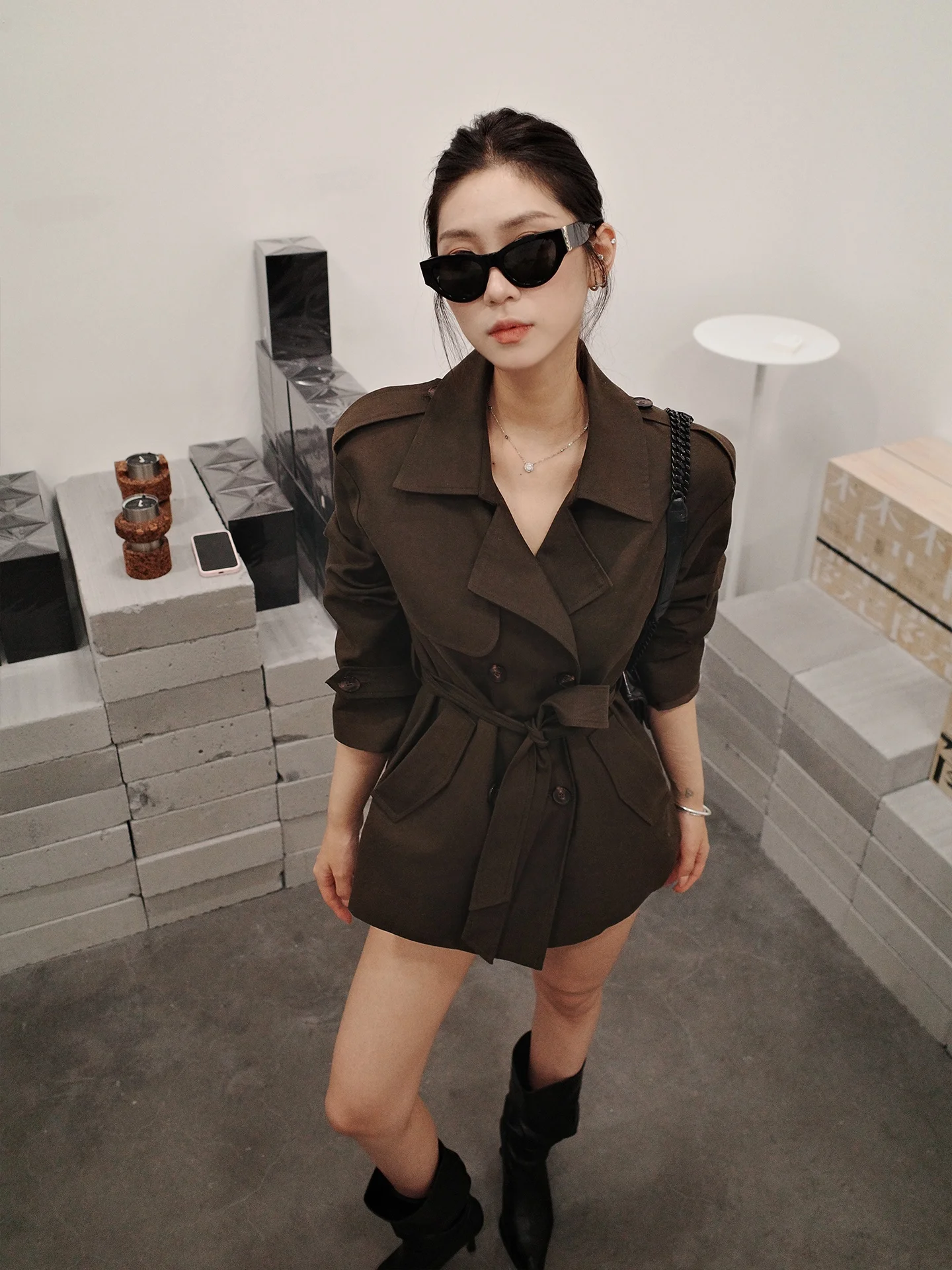

He Chenxi Coffee Color Belted Coat Women's Casual Korean Sle Faionable Autumn New Arrival Long Sve Loose Fit Cotton Ja...